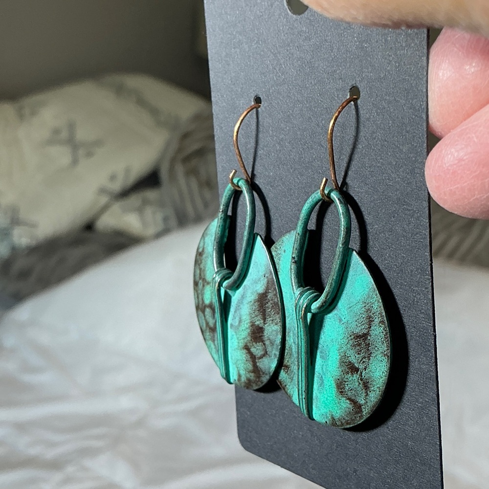 Turquoise and Brown Circular Drop Earrings - Bohemian Look - Lightweight - Picture 4 of 5